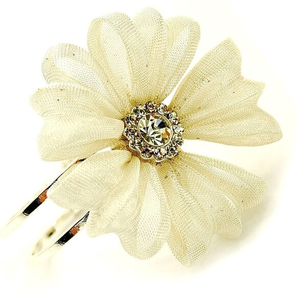 Beauty for Ashes Jewelry - Ladies Statement Chunky Giant Flower Mesh Metal Hinged Cuff Bracelet Silver Tone